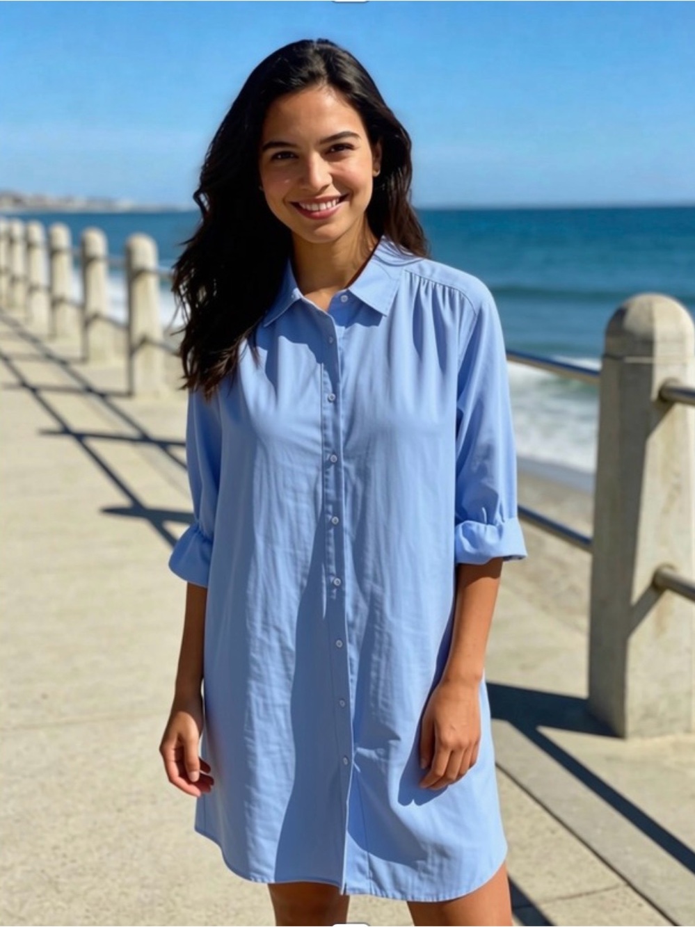 Boho Chic Blue Button-Front Midi Shirt Dress
